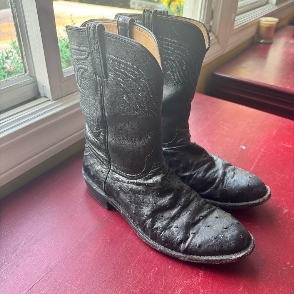 Lucchese Augustus Black Ostrich Leather Western Boots